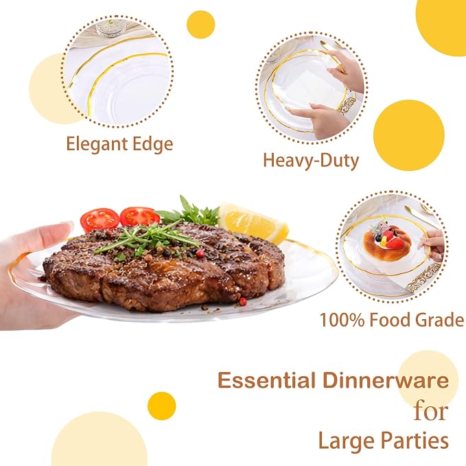 LIYH 350 Pcs Clear Plastic Plates for Wedding Reception Plastic Plates for Party 100 Disposable Plate 150 Gold Plastic Silverware 50 Gold Cups 50 Napkins Perfect for Wedding Birthday (50 Guest)