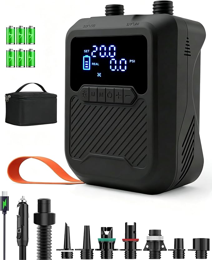 Electric Paddle Board Pump Portable, 20PSI High Pressure SUP Air Pump with Intelligent Dual Stage Inflation, Deflation & Auto-Off Function, Rechargeable Battery & 120W 12V DC Inflator for Kayak Boat