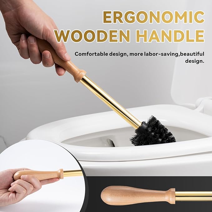Duck Toilet Brush and Holder Set - Ceramic Bathroom Toilet Scrubber Brush Organizer with Wooden & Stainless SteelHandle, Gold Toilet Brush & Cute Duck Design for Bath Decor Storage