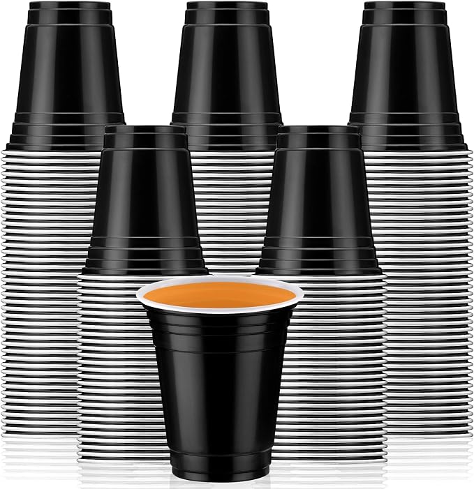 Sabary 100 Pack 12oz Plastic Cups Black Graduation Heavy Duty Drinking Disposable Cups with Lines for Beverage Holiday Camping Barbecues Birthday Party Summer Outdoor Picnic(Black and White)
