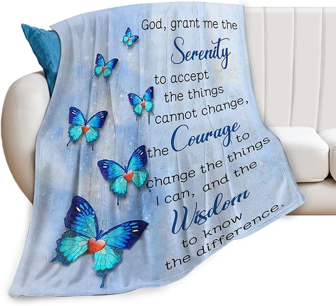 Tijuboni Christian Serenity Prayer Throw Blanket Blue Butterfly Gifts for Women Men Girls Boys Kids Adults Soft Flannel Fleece Blanket for Couch Sofa Bed Home Decor 60"x80"
