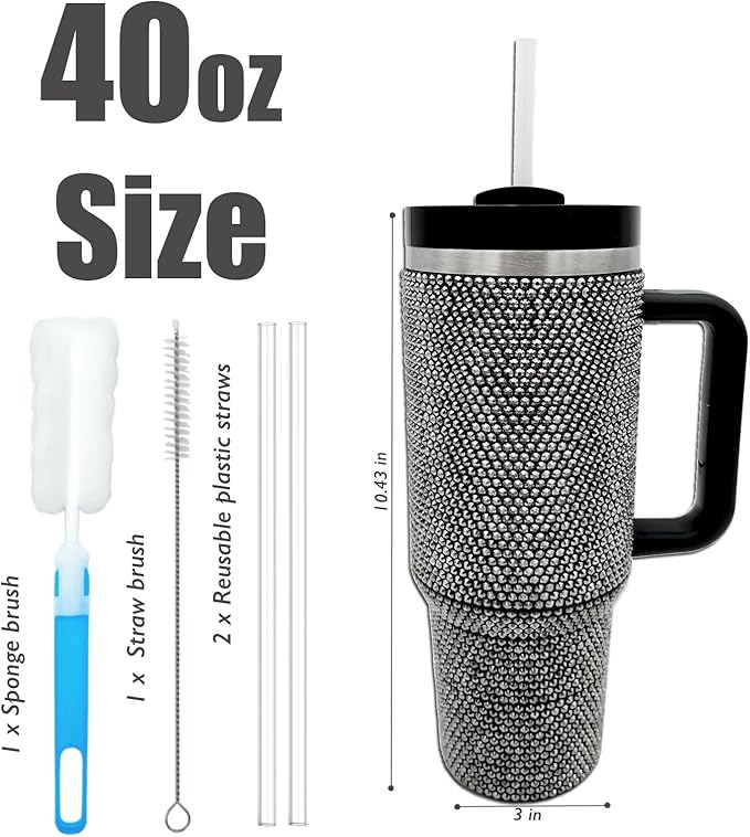 40oz Bling Tumbler with Handle and Straw Lid Rhinestone Studded Tumbler Cups Vacuum Insulated Stainless Steel Double Wall Water Bottle Travel Mug Gifts for Women Her (Black)
