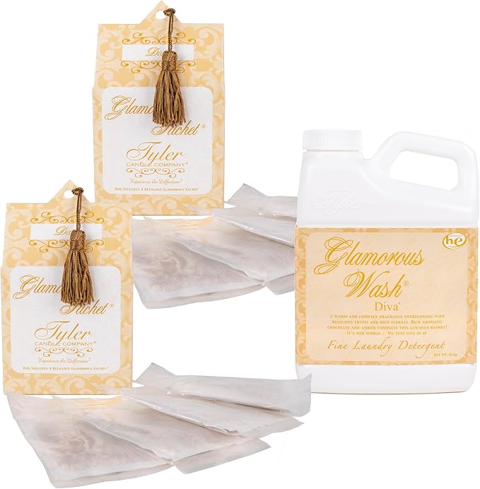Elanze Designs Tyler Candle DIVA - Liquid Laundry Detergent and Scented Sachet Bundle - 16 Ounce