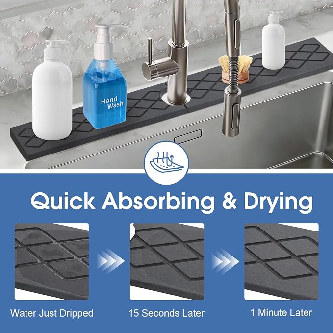 Faucet Mat for Kitchen Sink, Diatomite Stone Sink Tray, Faucet Splash Guard, Quick Dry Water Absorbing Non-Slip Stone Tray, Fits Most Faucets, Pet Bowl Mat, Vase Holder, Cleaning Supplies, Matte black