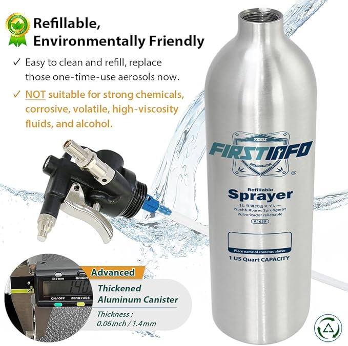 FIRSTINFO A1639 (3rd Gen) Patented Max. Pressure 140psi / 1000ml Thickened Aluminum Canister Refillable Aerosol Spray Can | Pneumatic Compressed Air Sprayer | Wide Mist & JET Spray