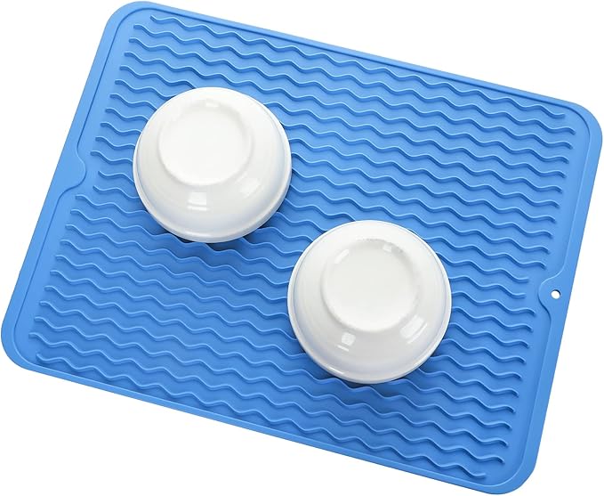MicoYang Silicone Dish Drying Mat for Multiple Usage,Easy clean,Eco-friendly,Heat-resistant Silicone Mat for Kitchen Counter or Sink,Refrigerator or Drawer liner Lichen BlueL M 12 inches x 12 inches