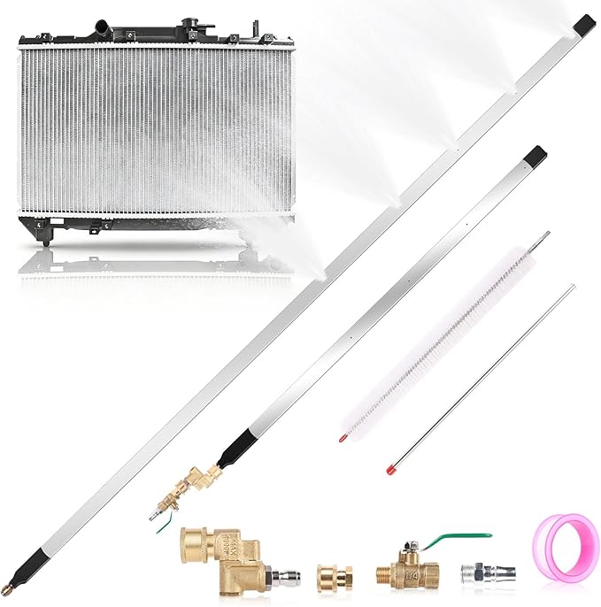 47" & 24" Radiator Cleaning Wand, 8-Piece Set- 4500 PSI Stainless Steel Dual Water/Air Radiator Cleaner with Valve Switch, Connector, Cleaning Brush and Sealing Tape for Cars, Trucks, Heavy Equipment