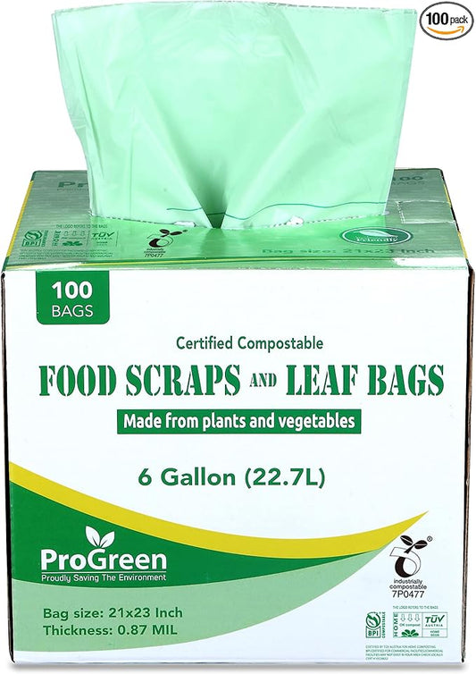 Compostable Trash Bags, Extra Thick, Compost Kitchen Bin Bags, Food Scraps Yard Waste Bags, ASTM D6400 BPI and TÜV AUSTRIA Certified (6 Gallon, Pack of 100)