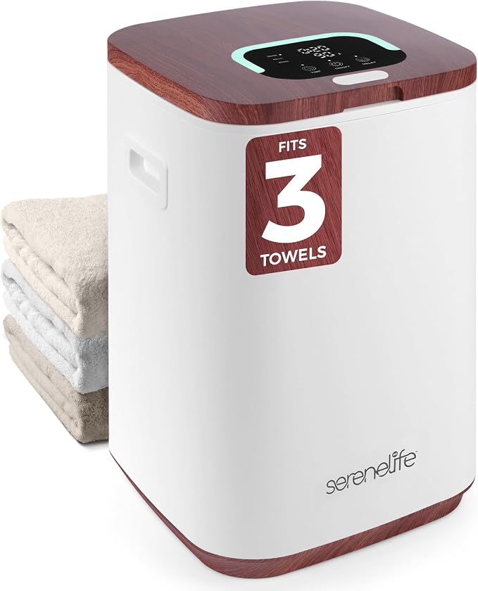 SereneLife Towel Warmer Bucket - Compact 23L Bathroom Towel Heater w/Essential Oils Disc Holder, Adjustable Timer, Auto Shut-Off, Power Cord Storage, LED Display, Fits 2 Oversized Towels (Wood Color)