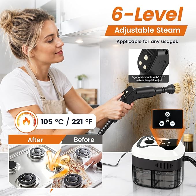 Handheld Steam Cleaner, 6-Level Adjustable Handle, 15s Heat-Up, 1800W High-Pressure Steamer for Cleaning with 1.6L Large Tank, Portable Steam Cleaner for Home, Car, Grout, Couch, Floor (White)