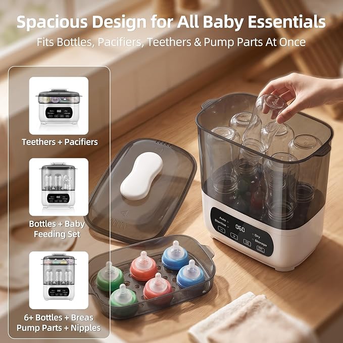 AMZBABYCHEF Baby Bottle Steamer and Dryer, Electric Steamer and Dryer for Baby Bottles, 4-in-1 Bottle Steamer and Dryer, Universal Fit for All Bottles, LED Touch Screen, Auto Shut-Off