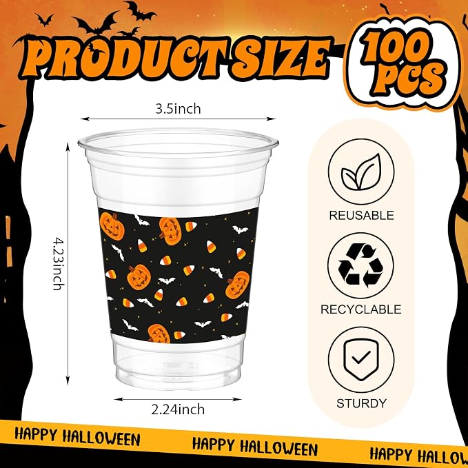 Bokon 100 Pcs Candy Corn Halloween 12 oz Plastic Cups Disposable Cocktail Glasses Happy Halloween Cute Disposable Cups for Coffee Juice Hot Cold Drinks Party Supplies(Black, Candy Corn)