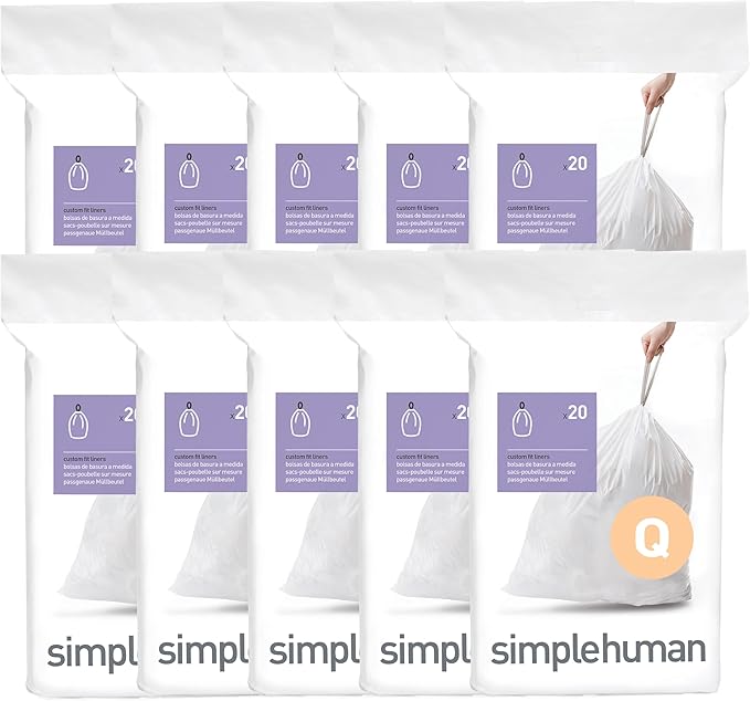 simplehuman Code Q 200 Count, Dispenser Pack Custom Fit Liners, Drawstring Trash Bags, 50-65 Liter / 13-17 Gallon, White