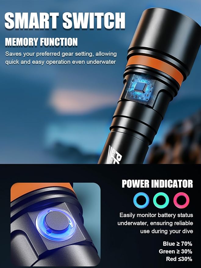 PFSN 3600 Lumens Dive Light, 150M Underwater Waterproof Diving Flashlight, 300M Long Range Beam, 20H Battery Life & Fast Charging, Rechargeable Scuba Dive Torch for Snorkeling Caving Spearfishing