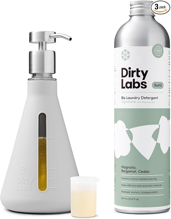 Dirty Labs | Bio-Liquid Laundry Detergent Refill & Pump Set | Signature Scent | 80 Loads (21.6 fl oz) & Pump | Hyper-Concentrated | High Efficiency & Standard Machine Washing | Nontoxic, Biodegradable