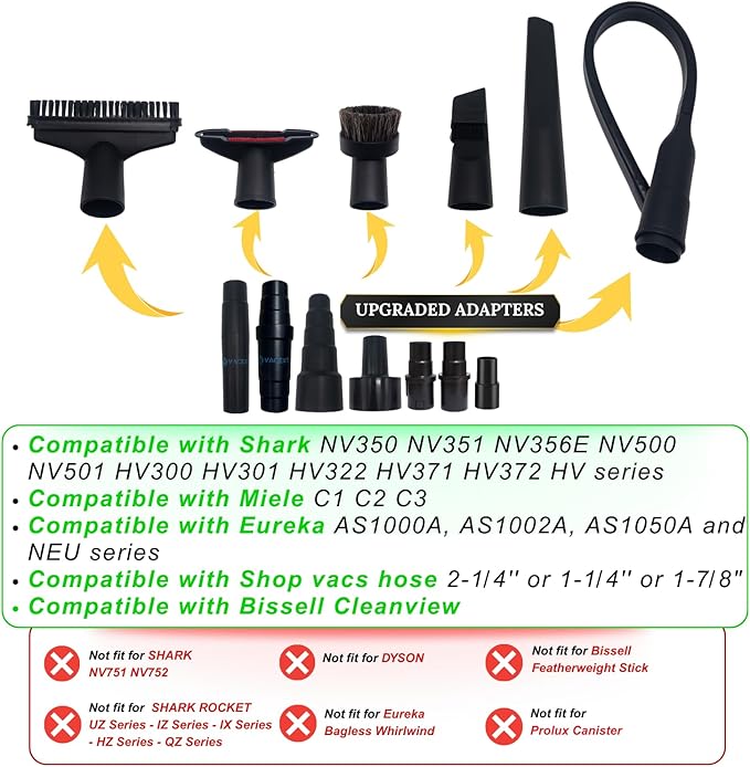 Replacement Vacuum Attachments & Brushes plus Universal Adapter Kit Compatible with Shop Vacs 2-1/4'' 1-7/8'' 1-3/8'' 1-1/4 Inch- Flexible Vacuum Crevice Attachment Tool for Shop Vac Accessories