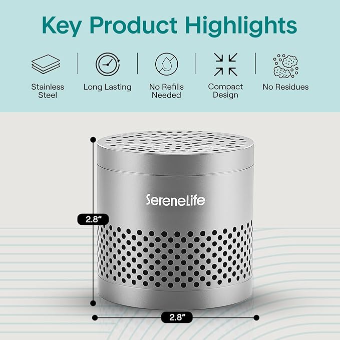SereneLife Fridge Deodorizer & Odor Eliminator, Multi-Use Refrigerator Deodorizer Aluminum Pod for Freezer, Closet, Car, Shoes & Enclosed Spaces, Compact, Reusable & Lasts Up to 10 Years (Gray)