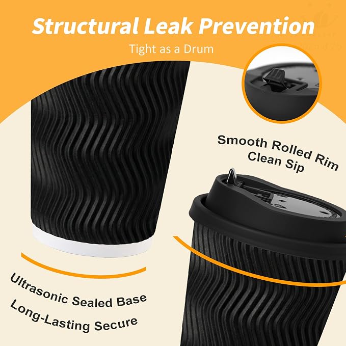 16 oz 100 Pack Corrugated Ripple Wall Disposable Coffee Cups with Lids and Straws, Heavy Duty Insulated Cups for Hot Beverage or Cold Drinks, Bulk for Restaurants, Offices, Coffee Shops(Black)