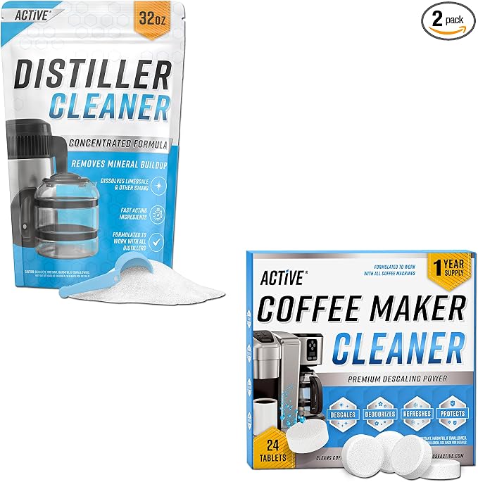 ACTIVE Distiller Cleaner and Coffee Maker Cleaner Tablets - Includes 32oz Distiller Cleaning Powder and 24 Coffee Machine Cleaning Tablets
