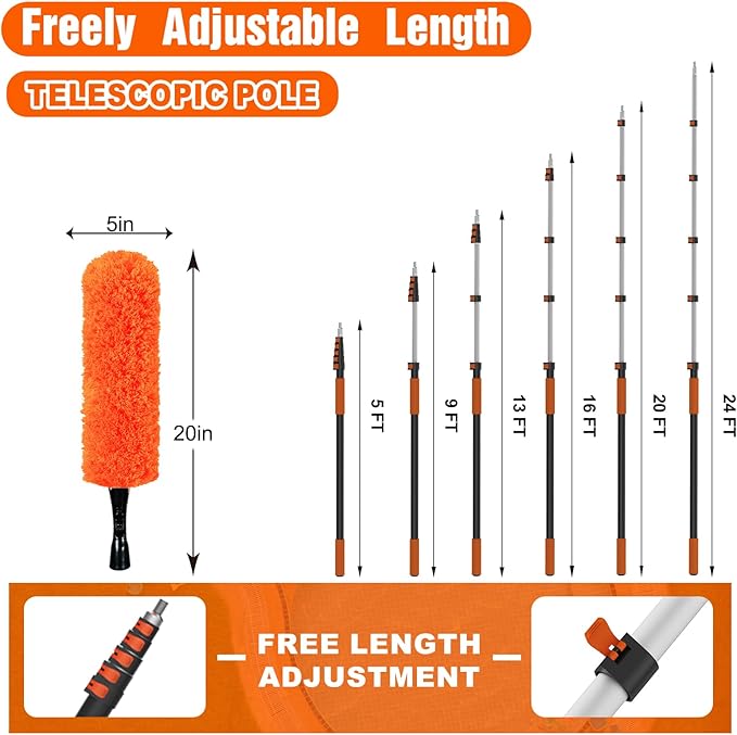 SISUPASSIE 30FT Reach High Ceiling Duster Kit, Window Cleaning kit with 5-24FT Extension Pole, Fan Duster for Ceiling Fan Blades, Microfiber Feather Duster, Window Squeegee