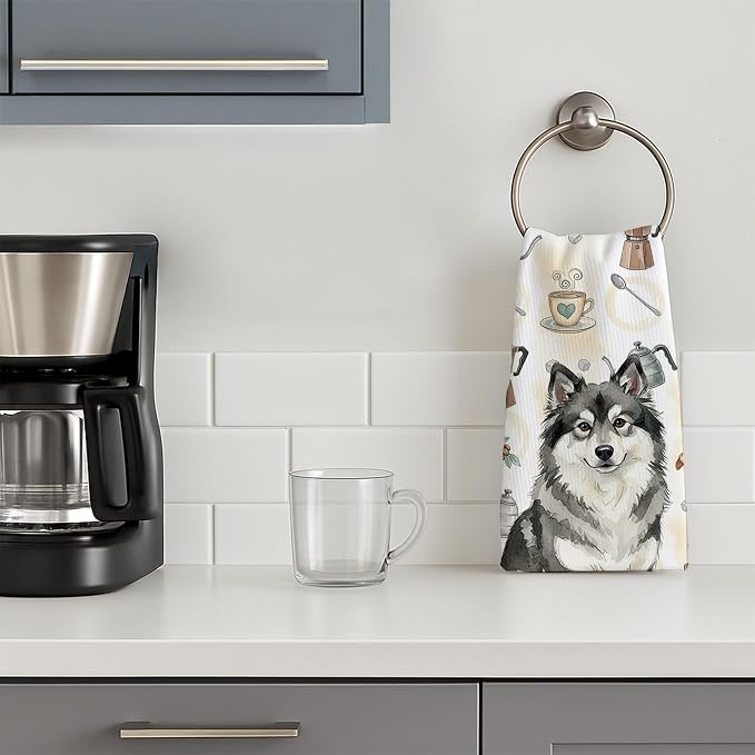 Caroline's Treasures Keeshond Coffee Bar Kitchen Towel Velour Plush Front and Cotton Loop Back Machine Washable