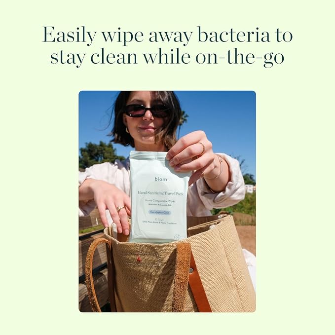 Biom Hand Sanitizing Wipes - Travel Size 24 pack(480 Wipes) 65% Ethanol Alcohol, Kills 99.9% of Germs, Removes Dirt & Grime, Made of Plant-Based & Plastic Free Fibers, Hypoallergenic -Eucalyptus Chill