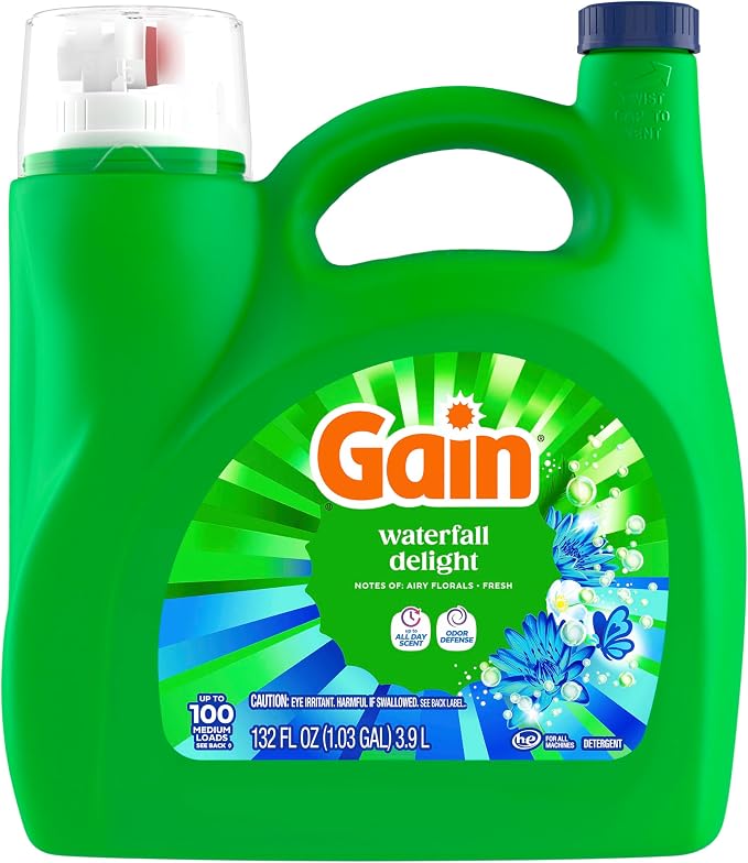 Gain Liquid Laundry Detergent with Odor Defense, Waterfall Delight Scent, Laundry Soap For HE Washing Machines, 132 fl oz, 100 Loads (Packaging May Vary)