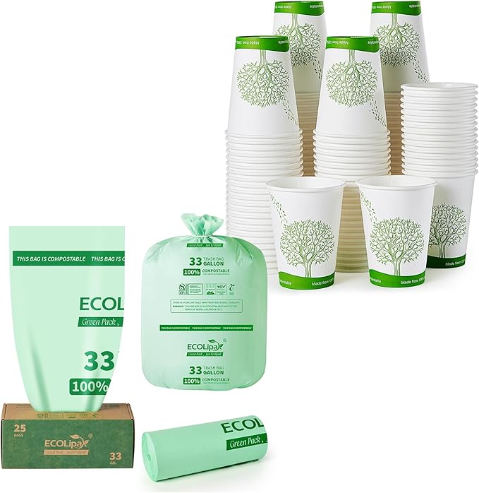 ECOLipak 240 Count 12 oz Compostable Paper Cups and 25 Count (1 Roll) 33 Gallon Compostable Trash Bags