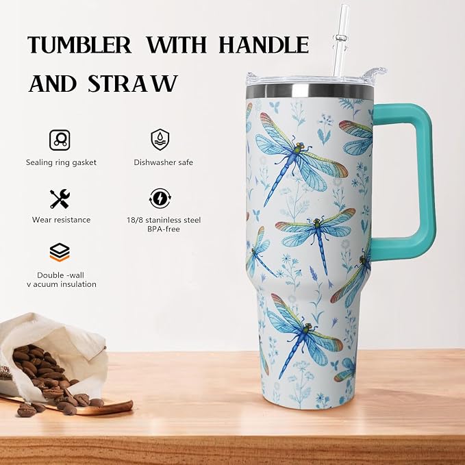 40 oz Dragonfly Tumbler With Lid and Straw - Water Bottle, Coffee Mug, Travel Cup - Gifts for Women, Ornament, Accessories
