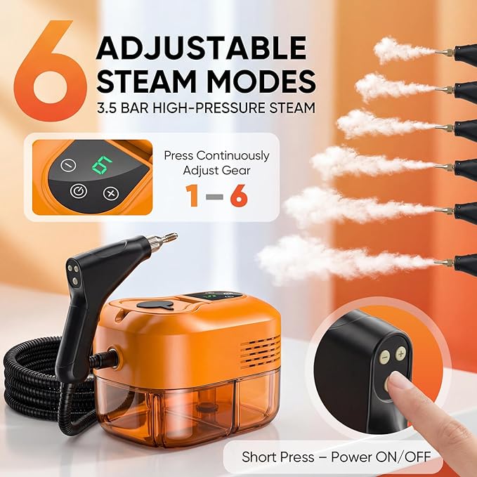 Handle High Pressure Steam Cleaner - Portable Steamer with 1.8L Water Tank, 15s Heat-Up, 6 Level Adjustable Steam Modes, Steam Cleaner for Home, Car Detailing, Dirt, Grease, Grout, Tile