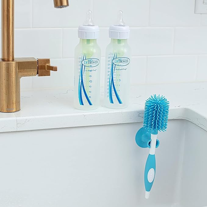 Dr. Brown's Soft Touch No Scratch Baby Bottle Cleaning Brush, Nipple Cleaner and Suction Cup Base for Easy Storage, BPA-Free, Blue, 12-Pack