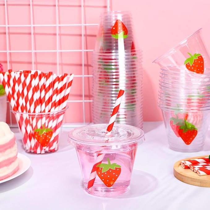 Whaline 100Pcs Strawberry Disposable Plastic Cups with Lids and Straws 9oz Party Cups Red Strawberry Cold Beverage Drinking Cups for Iced Coffee Smoothie Juice Tea