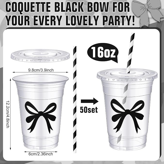 Sliner 50 Pcs 16 oz Coquette Disposable Plastic Cups with Straw for Black Bow Party Supplies Bow Cups Birthday Wedding Bridal Engagement Party Drinkware Baby Shower Decorations