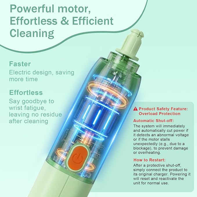 Electric Bottle Brush Cleaner Set, USB Rechargeable 360° Spin Baby Bottle Cleaner with 2 Brush Heads & Straw Brush, Waterproof, High/Low Speed, Portable Travel Cleaning Kit, Green