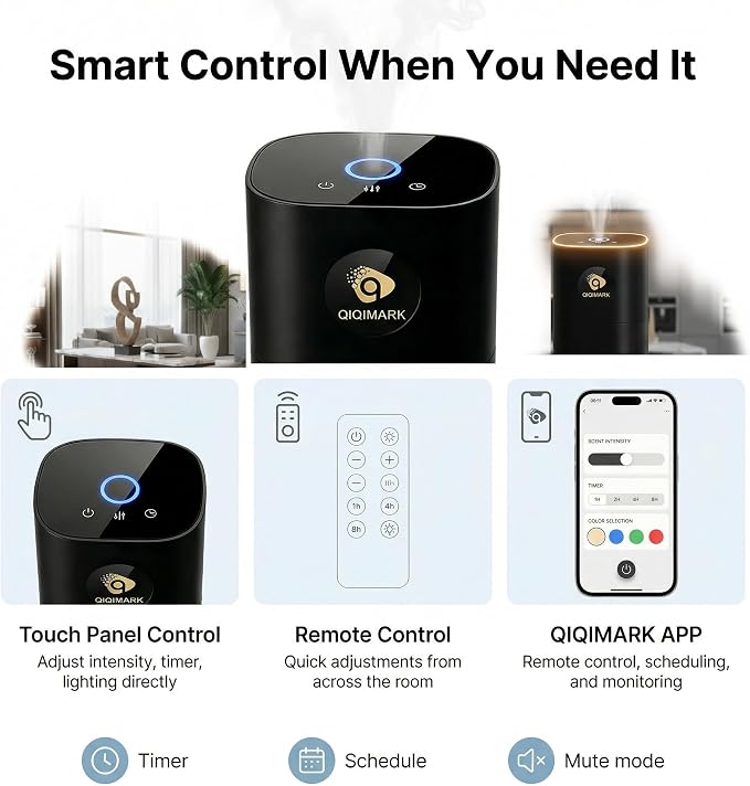 Hotel Waterless Diffuser with App Control, 700ml Capacity, Dual Atomizing Cores, RGB Night Light, Includes 4x50ml Essential Oils