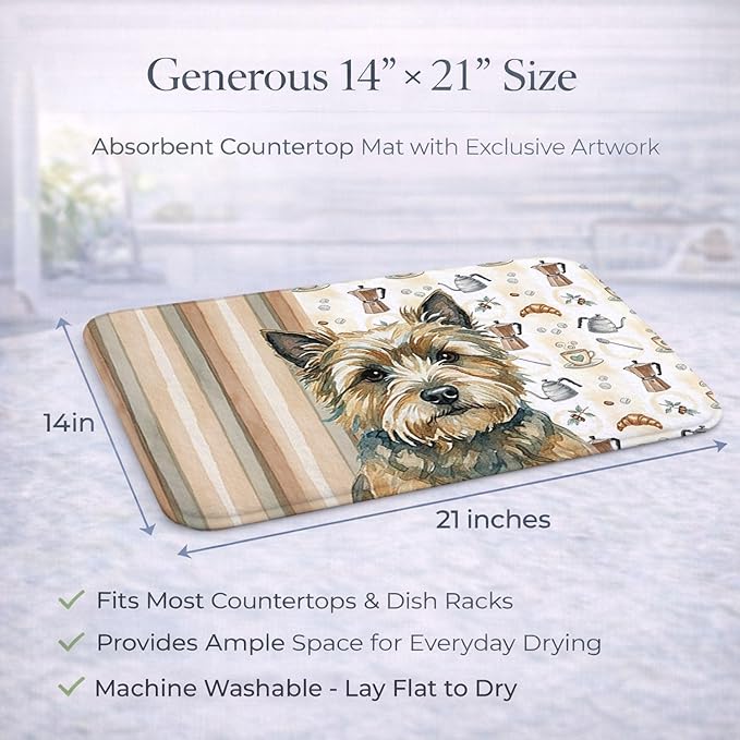 Caroline's Treasures Cairn Terrier Coffee Bar Dish Drying Mat Absorbent Dish Drying Mat Pad for Kitchen Counter Dish Drainer Mat for Countertop, 14 x 21", Multicolor