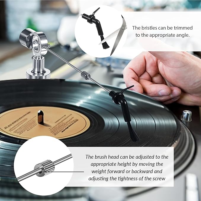 Tellegloww 2 Set Adjustable Anti-static Cleaning Arm and Carbon Fiber Cleaning Brush for Vinyl Record, Universal Fit Turntable LP Accessories Automagically Removes Dust and Static As LP Plays