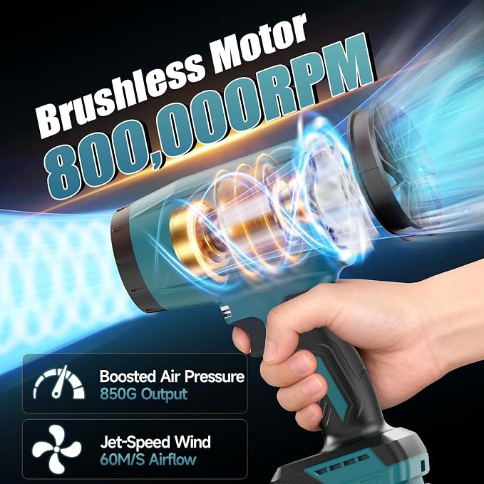 Cordless Leaf Blower Compatible with Makita 18V Battery (Tool Only), 800,000 RPM Brushless Turbo Jet Blower up to 60m/s Airflow, Lightweight 1.5 lbs Handheld Dust Cleaner for Patio, Lawn & Garage
