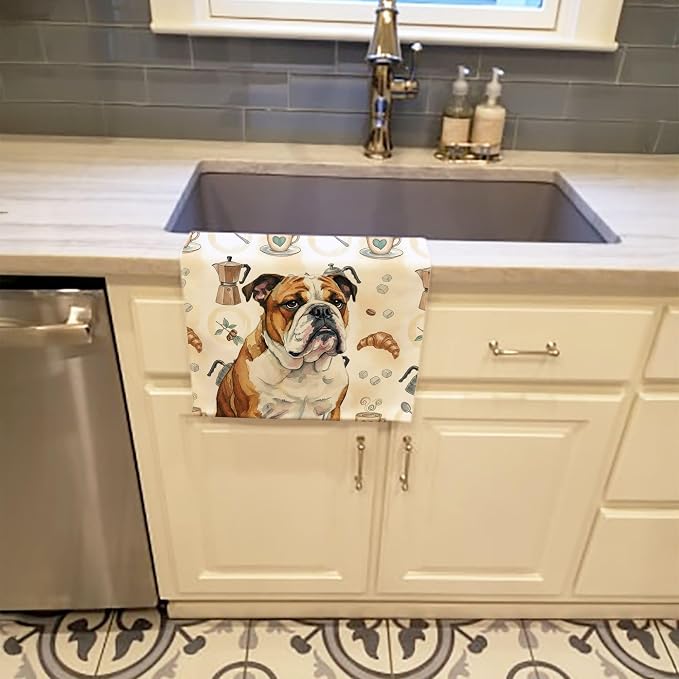 Caroline's Treasures Brindle and White English Bulldog Coffee Bar Kitchen Towel Velour Plush Front and Cotton Loop Back Machine Washable