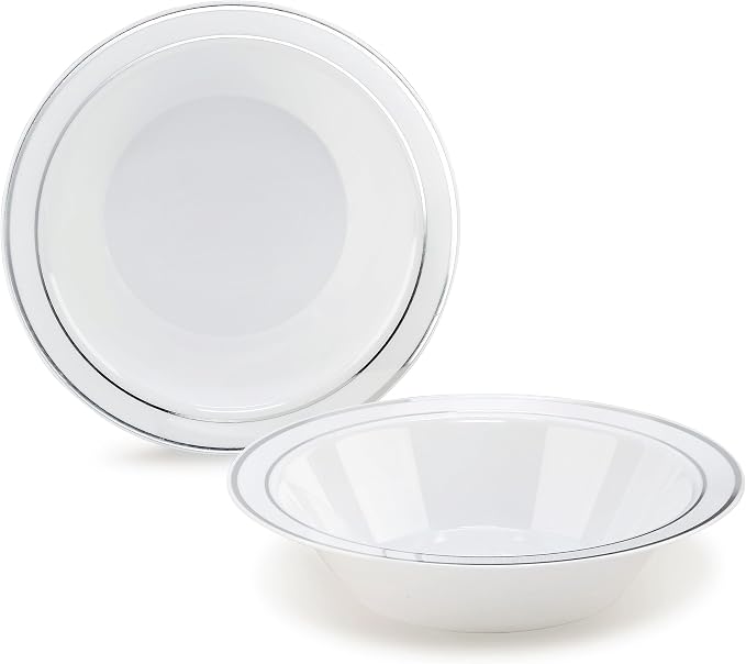 " OCCASIONS " 40 Piece Plates Pack, Heavyweight Disposable Wedding Party Plastic Bowls (14 oz Soup Bowl, White & Silver Rim)