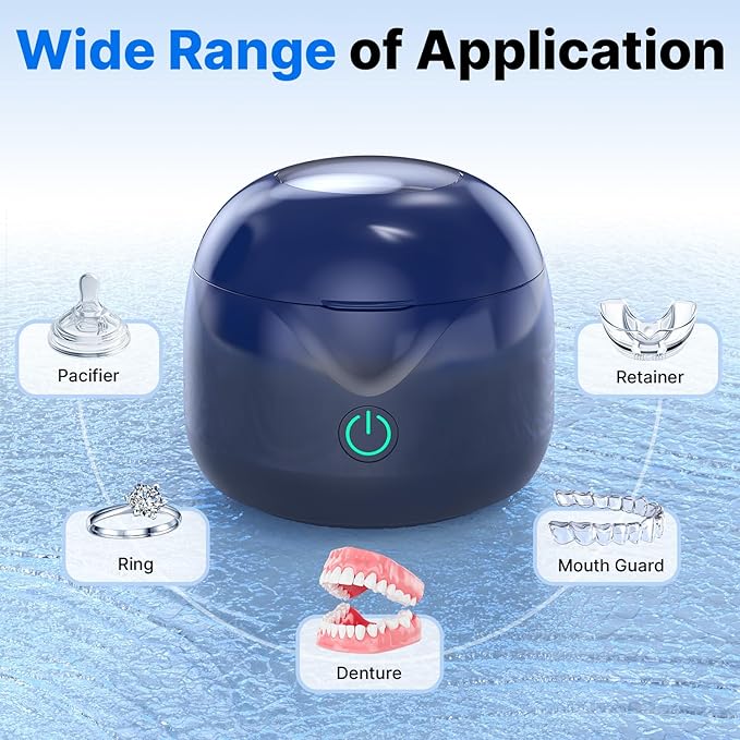 CXRUY Ultrasonic Retainer Cleaner - UV Dental Cleaning Pod Night Guard Cleaner for Dentures, Aligner, Braces, Toothbrush Heads, Jewelry (Navy Blue)