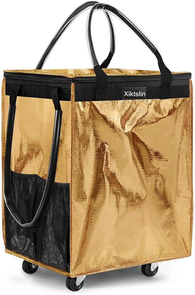 (Medium, Gold) Reusable Grocery Bag on 4 Wheels, Foldable Rolling Tote Carries Up to 66lb Shopping Trolley, Rolling Bag with 3 Handles, Zipper Clouser Rolling Tote Bag with Wheels for Laundry