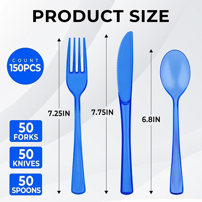 150 PCS Plastic Silverware Disposable Silverware Heavy Duty Utensil Sets 50 Of Each Forks Knives & Spoons Disposable Cutlery Set For Easter,Birthday,Baby Shower,Garden Party,Wedding(150,Blue)