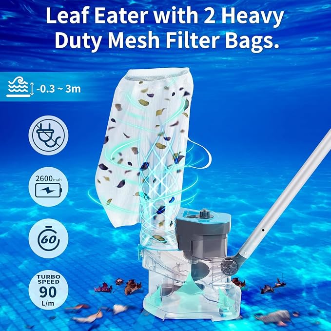 Leaf Eater, Heavy-Duty Cordless Pool Vacuum Cleaner with Dual Filter Bags,with Pole,Powerful Suction, Rechargeable, Effortless Leaf & Debris Removal, for Above Ground Pools & In Ground Pools