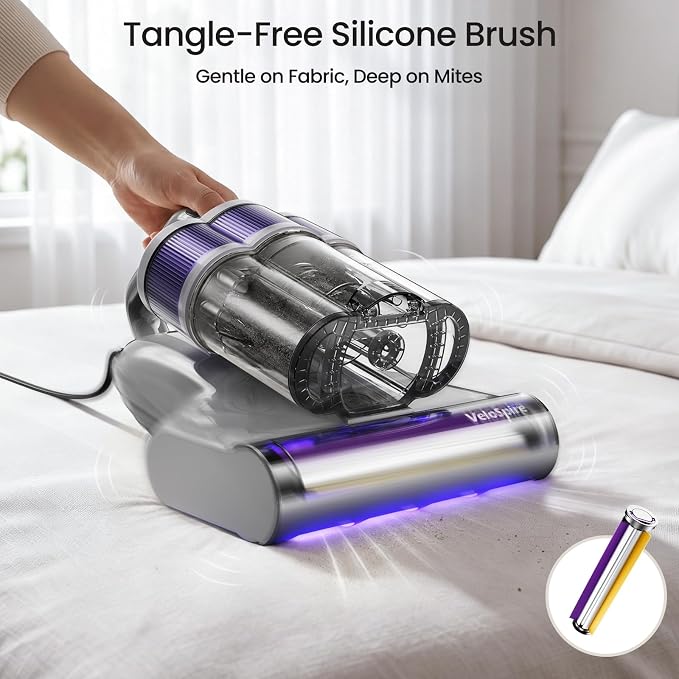 Bed Vacuum Cleaner, 20kPa Handheld Mattress Vacuum Cleaner with 253.7nm UV-C Light, Ultrasonic & 149°F Heating, Triple-Cup, Pet Hair Brush for Cleaning Bed, Sofa, Corded 650W