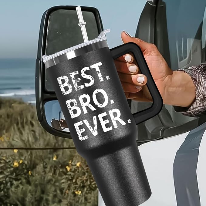 Ceovfoi 40 oz Black Brother Stainless Steel Cups Mug Water Bottle Tumbler with Handle,Brother Gifts from Sister