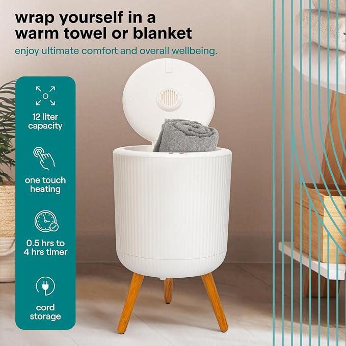 SereneLife Freestanding Towel Warmer Bucket – 18" Hot Towel Warmer with Legs for Bathroom & Spa, 12L Capacity, Built-In Timer, Aroma Discs & LED Indicator, Fits One Towel or Robe, Gray