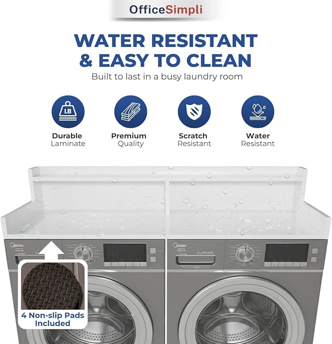 OfficeSimpli Large Washer Dryer Countertop with Shelf - 30 x 58 Inch - Made in USA Laundry Countertop Over Washer and Dryer with Non-Slip Pads, Storage Shelf, Laundry Topper Organizer, Gracier White