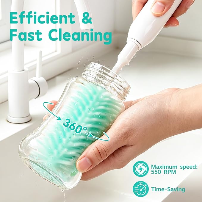 Electric Bottle Brush Cleaner,Portable Electric Baby Bottle Brush Cleaner with Storage Box,Long Battery Life,IPX7 Waterproof,Rechargeable Baby Bottle Cleaning kit for Home & On-The-Go(Mint Green)