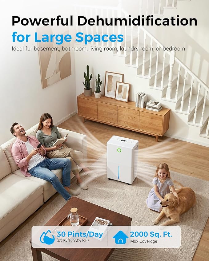 Dehumidifier for Basement with Drain Hose, Dehumidifiers for Home | 30 Pint, 2000 sq ft Coverage, Auto Humidity Control, 24H Timer, Child Lock, Washable Filter, For Bedroom Bathroom, White